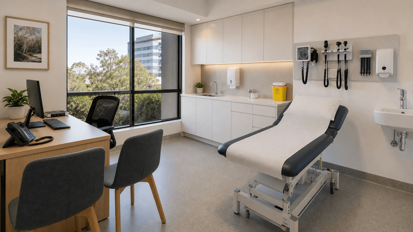 Clinical medical consulting room with examination bed, desk and diagnostic equipment